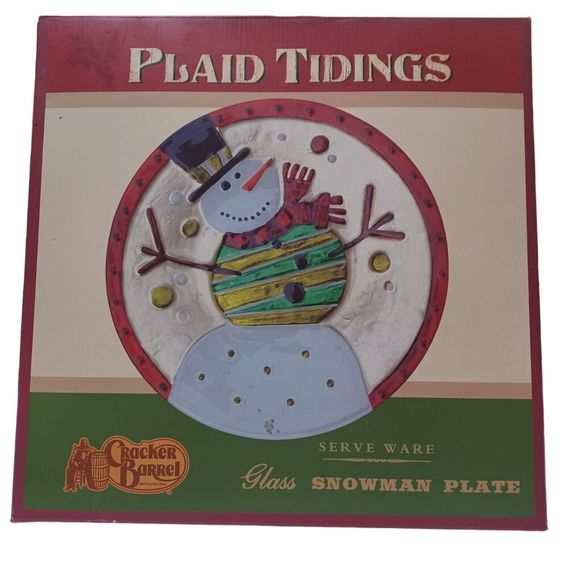 CRACKER BARREL Plaid Tidings Serveware GLASS SNOWMAN PLATE 12" with Original Box - Picture 2 of 5